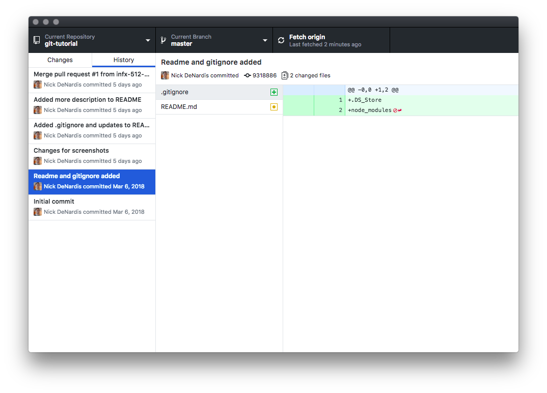 Screenshot of GitHub Desktop history